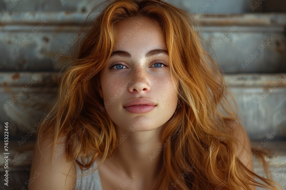 Portrait of a red-haired girl with captivating blue eyes and a gentle expression Portrait of a red-haired girl with captivating blue eyes and a gentle expression