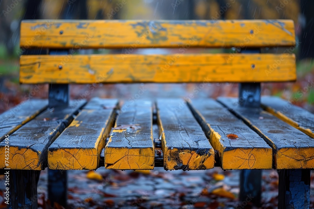 Fototapeta premium A weathered yellow bench with raindrops, surrounded by fallen leaves in an autumnal park scene
