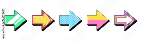 Isolated retro arrow icon set, vector stickers. Arrow pointer, navigation, motion arrowhead, cursor, direction sign. Outline 3d arrows, retro design elements and signs for party and pop culture