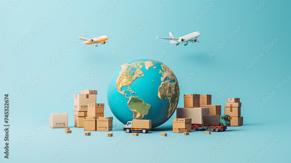 Fototapeta premium Global Logistics and Worldwide Shipping Concept with Earth, Trucks, and Airplanes
