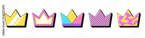 Isolated retro crown icon set, vector stickers. Royal hat, king or queen crown, premium luxury, kingdom and empire. Outline 3d crowns with pattern. Retro design elements for party and pop culture