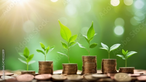 Investment concept, Coins stack with green plant growing on them, stock image