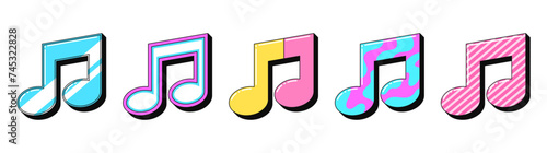 Isolated retro music note icon set, vector stickers. Melody, musical show, music festival, disco party, karaoke. Outline 3d music notes with pattern. Retro design elements for party and pop culture