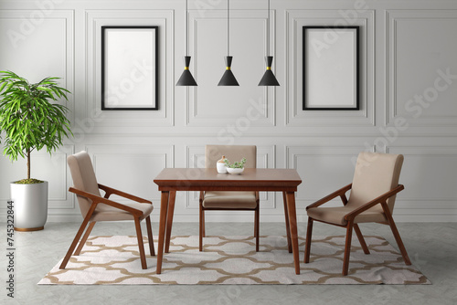 3D rendering Modern Dining room interior. interior design .dining table