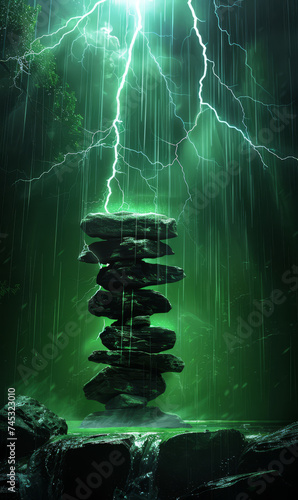 Dark green lightning bolts in an abstract design with stones at the bottom.