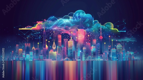 Cloud computing concept. Smart city wireless internet communication with cloud storage, cloud services. Download, upload data on server. Digital cloud over virtual Smart City on podium. Technology IOT photo
