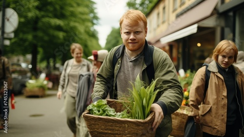 Young man with down syndrome working at garden center, carrying basket filled with various plants