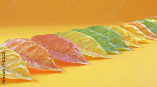 A diagonal line of colorful gradient leaves transitioning from green to orange on a bright yellow background.