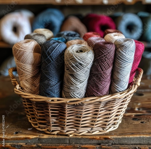 new skeins, skeins of grey, blue, and brown yarn placed in basket