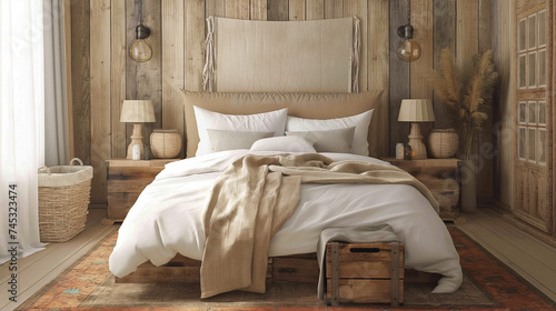 Rustic Bedroom with Textured Bedding and Wooden Wall Panels
