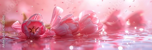 flowers of pink tulips with petals spread on a pink background