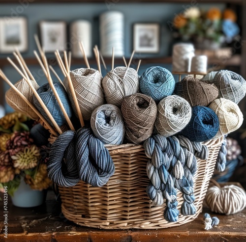 many skeins of yarn along with knitting needles in a basket
