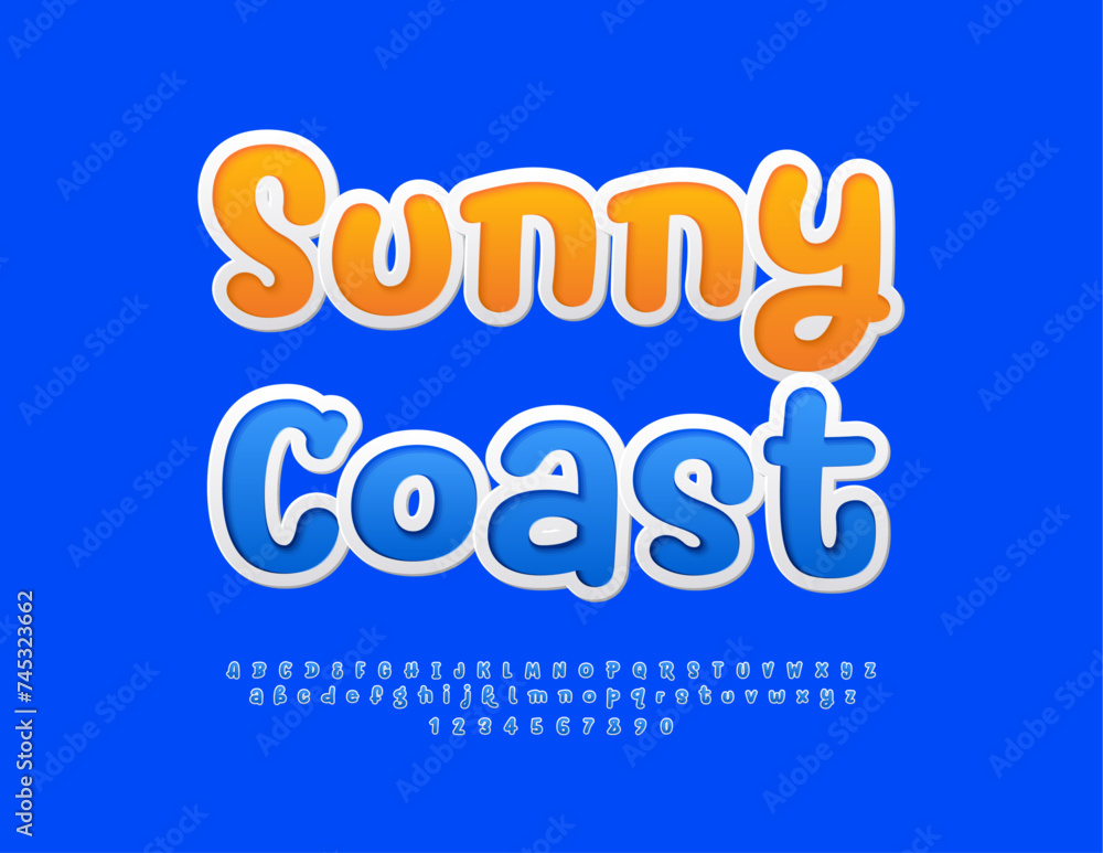 Vector travel poster Sunny Coast. Blue Funky Font. Creative Alphabet Letters and Numbers set.