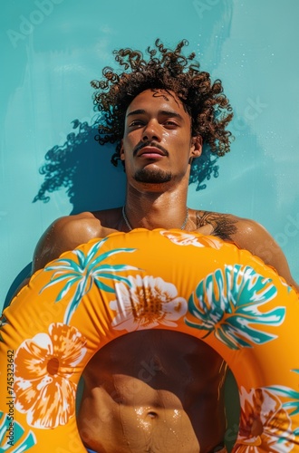 man with beach float on a blue background, light yellow and dark orange