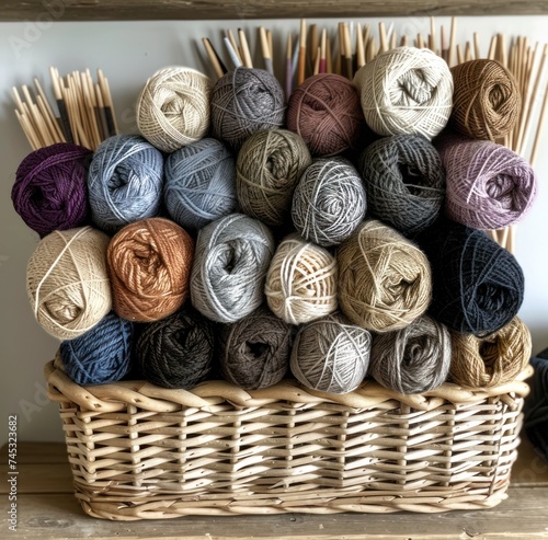 many skeins of yarn along with knitting needles in a basket