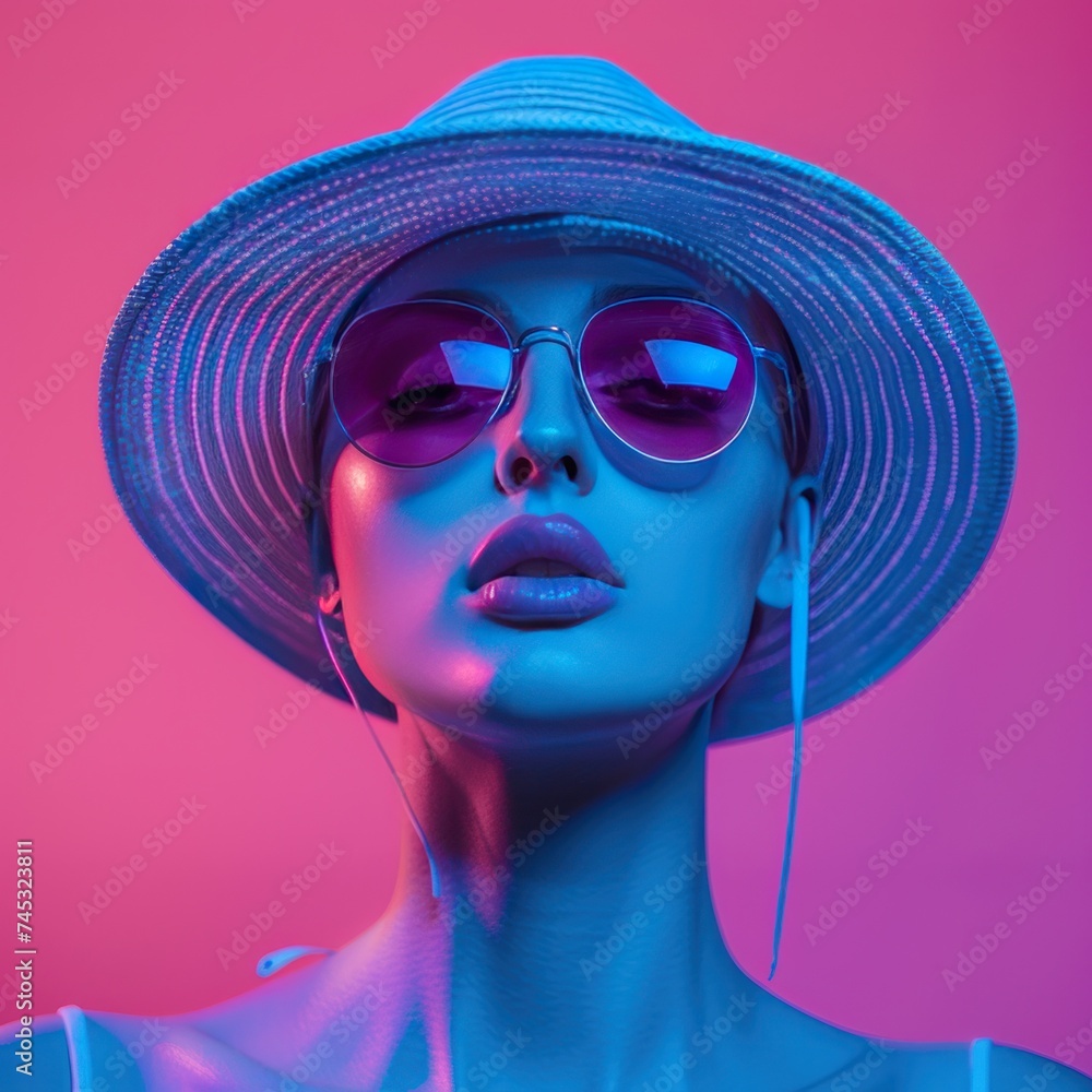Fototapeta premium mannequin on pink background in sunglasses, in the blue evening in summer hat