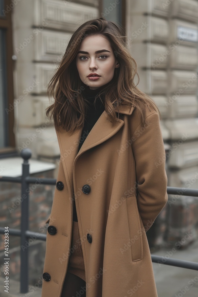 elegant woman wearing tan coat and tights elegant woman wearing tan coat and tights