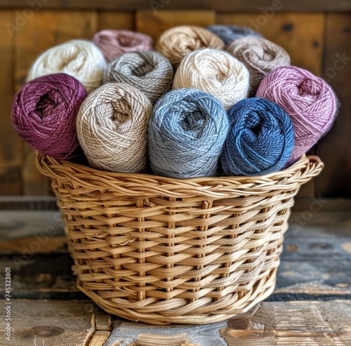 new skeins, skeins of grey, blue, and brown yarn placed in basket