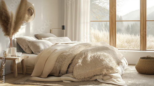 Serene Bedroom with Panoramic Mountain Views and Neutral Palette
