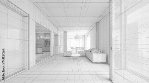 interior of a modern office with wireframe virtual reality effects
