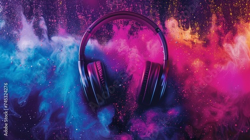 vibrant world music day banner featuring headset headphones on abstract colorful dust background, perfect for celebrating the joy of music