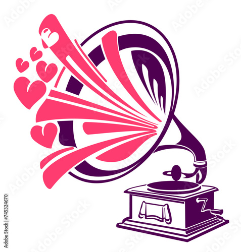 Retro gramophone ready vinyl record vector illustration. Sticker, wall sticker, black & white.