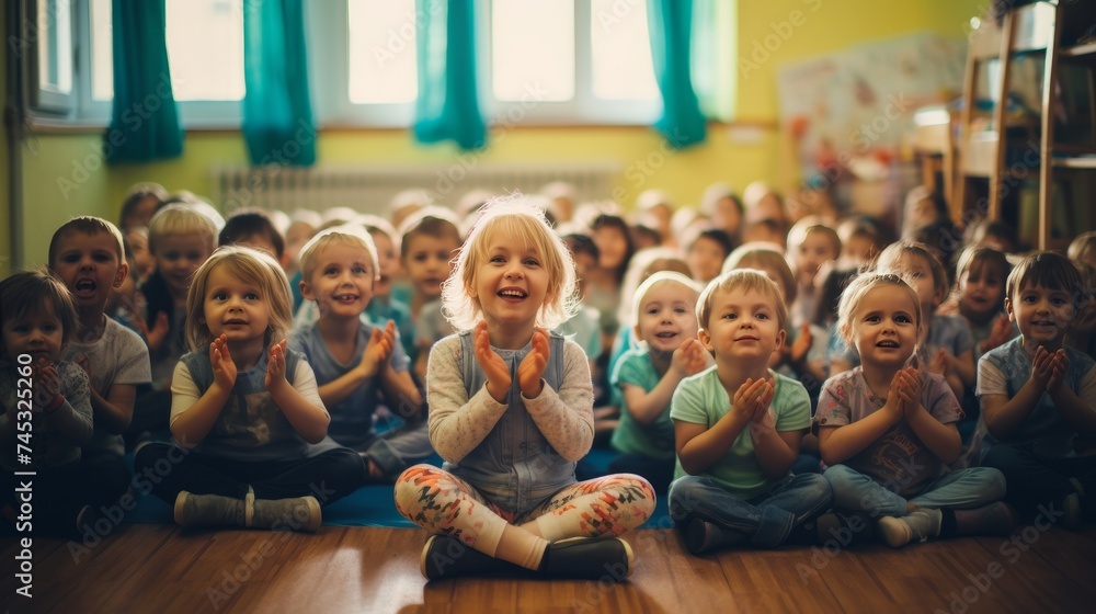 Obraz premium Diverse group of young nursery school kids clapping happily in a classroom setting