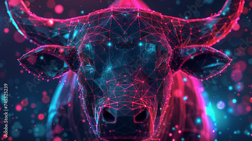 Abstract Digital Bull Sculpture with Neon Wireframe on Dark Background