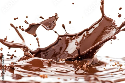 Decadent chocolate splash Frozen in time and displayed against a white background Showcasing the richness and indulgence of gourmet flavors.