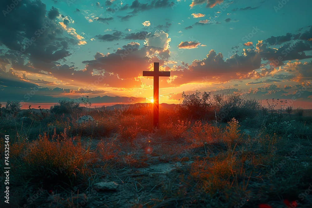 Christian Cross on a field at sunset - obrazy, fototapety, plakaty 