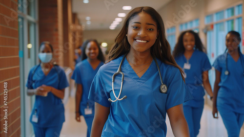 Smiling African American Nurse Leading Team in Hospital Hallway
