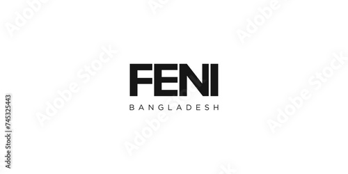 Feni in the Bangladesh emblem. The design features a geometric style, vector illustration with bold typography in a modern font. The graphic slogan lettering.