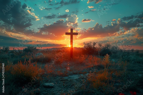 Christian Cross on a field at sunset photo