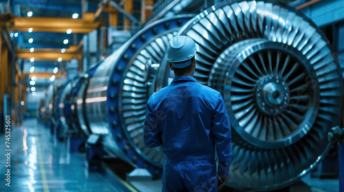Engineer Inspecting Turbine Engines in Industrial Facility photo