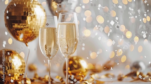 elegant new years eve celebration with white and gold background adorned with balloons, disco balls, confetti, and champagne glasses, providing ample copy space for your festive messages