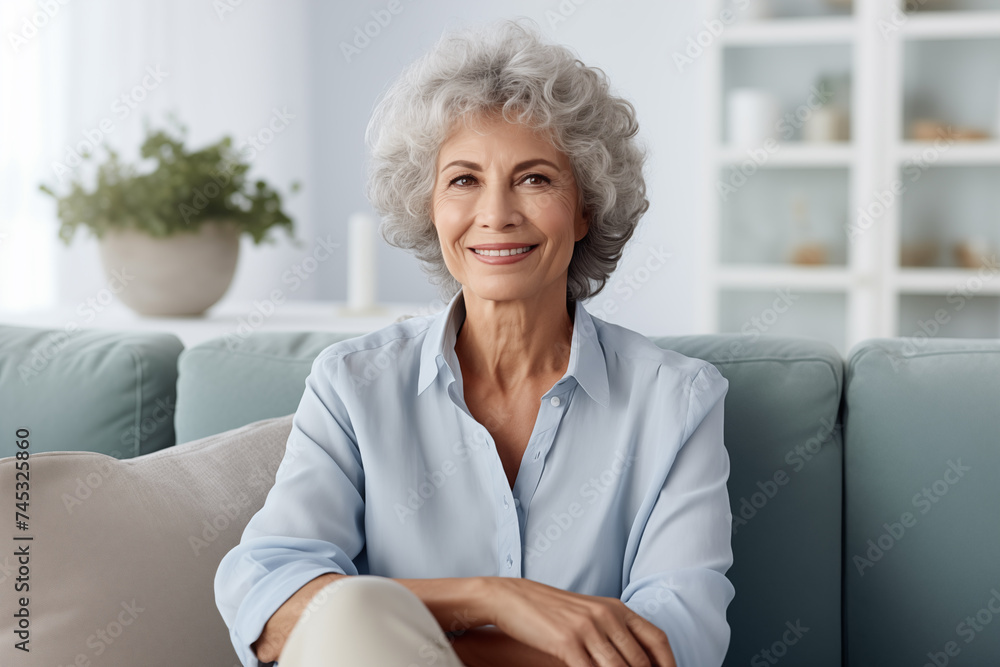 Smiling middle aged woman sitting on sofa at home, single mature senior in living room Smiling middle aged woman sitting on sofa at home, single mature senior in living room