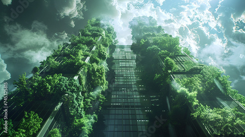 Eco-Friendly Green Skyscrapers Towering Towards a Cloudy Sky © swissa