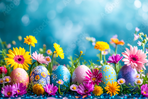  Bright Easter eggs surrounded by flowers against a blue background. It can be used as a card or decoration for Easter celebrations.