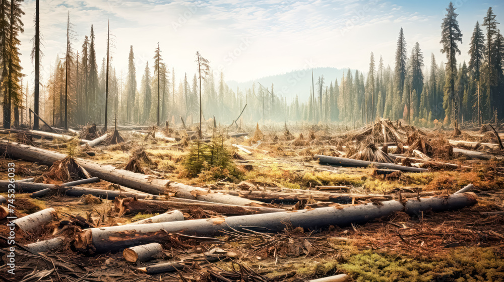 A stack of spruce tree trunks harvested from the forest, ready for removal, depicts the logging timber wood industry's impact on natural landscapes. A stack of spruce tree trunks harvested from the forest, ready for removal, depicts the logging timber wood industry's impact on natural landscapes.