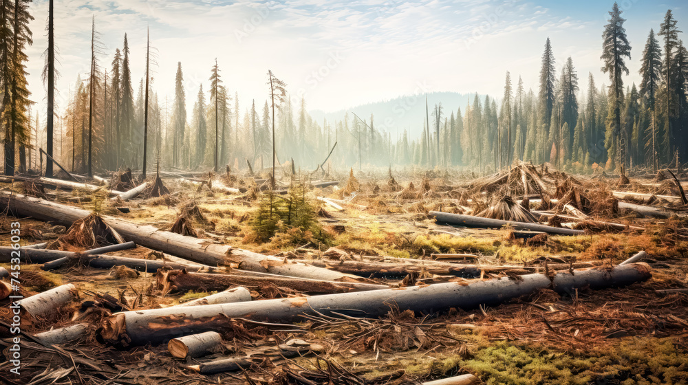 A stack of spruce tree trunks harvested from the forest, ready for removal, depicts the logging timber wood industry's impact on natural landscapes.