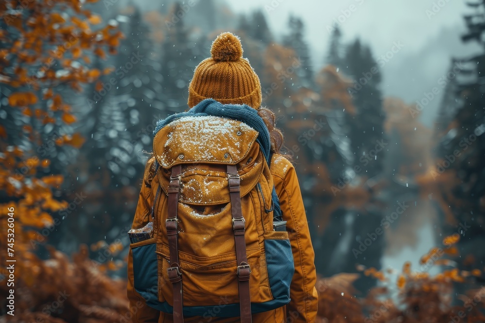 An explorer with a yellow backpack and beanie facing a breathtaking view of a snow-clad forest, capturing the solitude of winter An explorer with a yellow backpack and beanie facing a breathtaking view of a snow-clad forest, capturing the solitude of winter