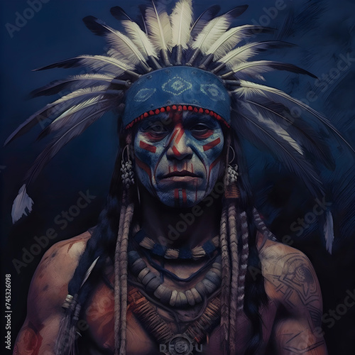 Sioux warrior portrait with grim face.