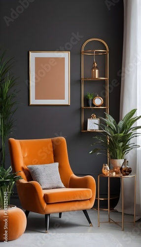 Stylish compositon of retro home interior with mock up poster frame, vintage orange chair, velvet sofa, design lamps, gold shelf, plants and elegant accessories. Nice home decor of living rooms. photo