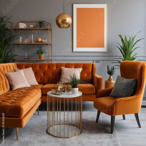 Stylish compositon of retro home interior with mock up poster frame, vintage orange chair, velvet sofa, design lamps, gold shelf, plants and elegant accessories. Nice home decor of living rooms. photo