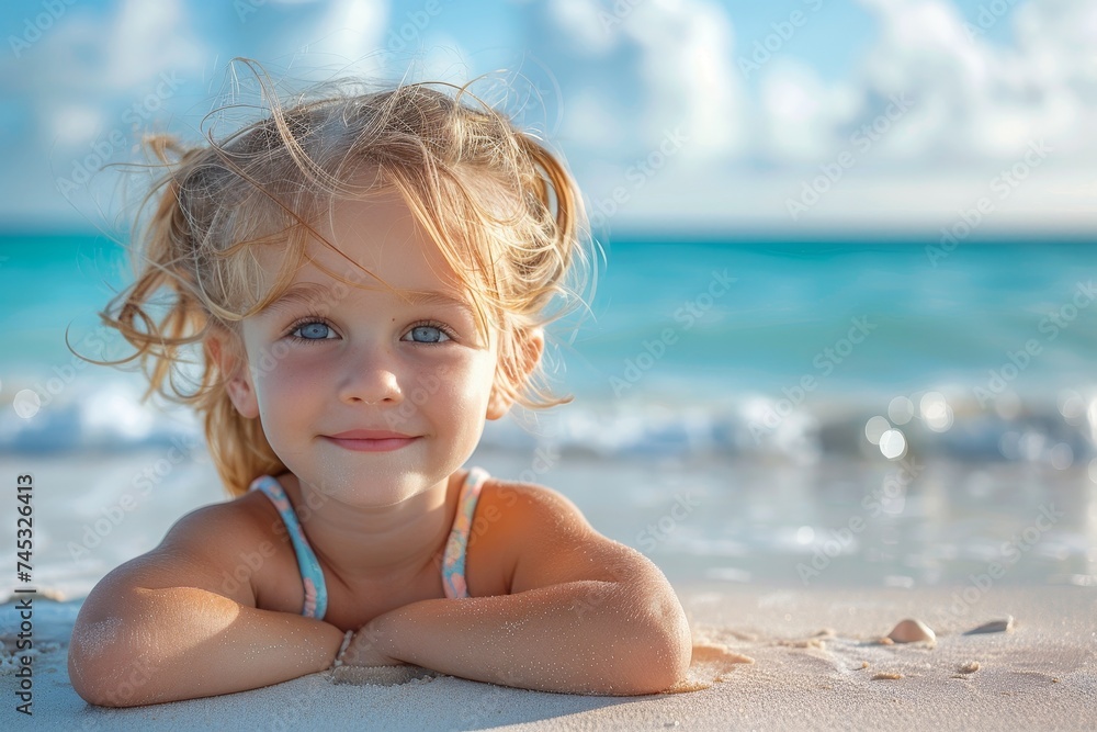 Happy young girl with chin resting on hands, beach and ocean background Happy young girl with chin resting on hands, beach and ocean background