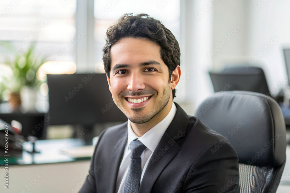Young Hispanic Businessman in Business Suit: Portrait of Satisfied Boss Smiling and Looking at Camera Inside Office Young Hispanic Businessman in Business Suit: Portrait of Satisfied Boss Smiling and Looking at Camera Inside Office