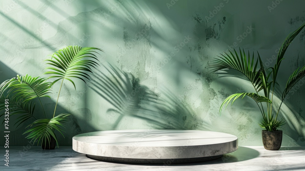 premium podium featuring a shadow of tropical palm leaves against a pastel green wall and a sleek gray table premium podium featuring a shadow of tropical palm leaves against a pastel green wall and a sleek gray table