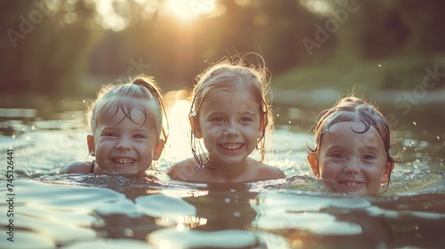 Three adorable young girls enjoy swimming in the lake