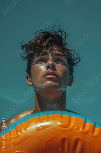 young man with inflatable ring on blue background