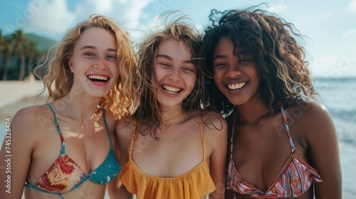 Three young female friends are captured in a portrait as they walk along the ...